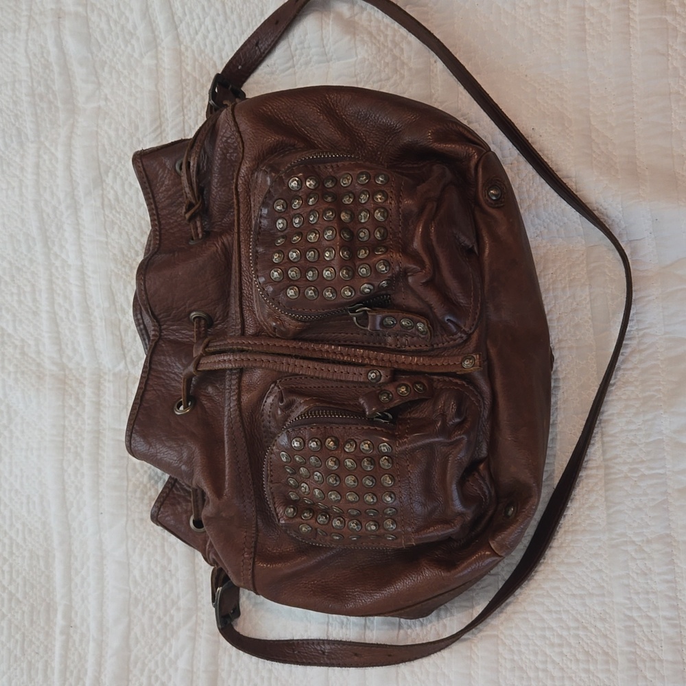 Frye Brown Leather Drawstring Crossbody with Studded Front Pockets
